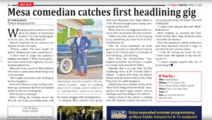 One handed comedian Mike Bolland feature in The Mesa Tribune.